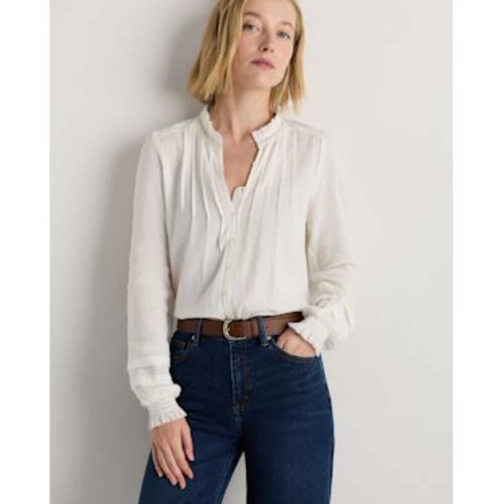 Quince Women Organic Textured Cotton Peasant Blouse White Sleeved Top M